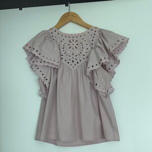 Elegant Mauve Eyelet Ruffle Blouse